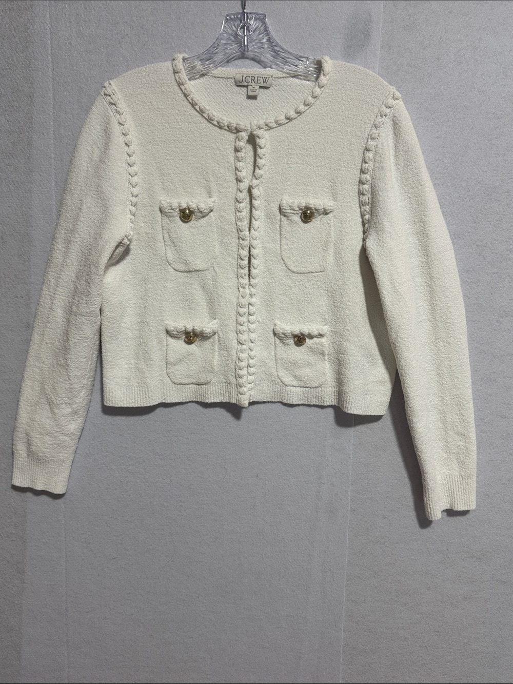 J. Crew Odette Cream Braided-Trim Pocket Cardigan with Gold Buttons